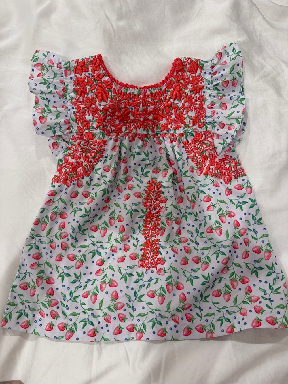Six Honeybees - Red / Coral & White Strawberry Smocked Baby Dress